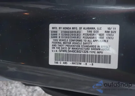 2012 Honda Odyssey Ex z USA, uszkodzony, nr VIN 5FNRL5H40CB021326